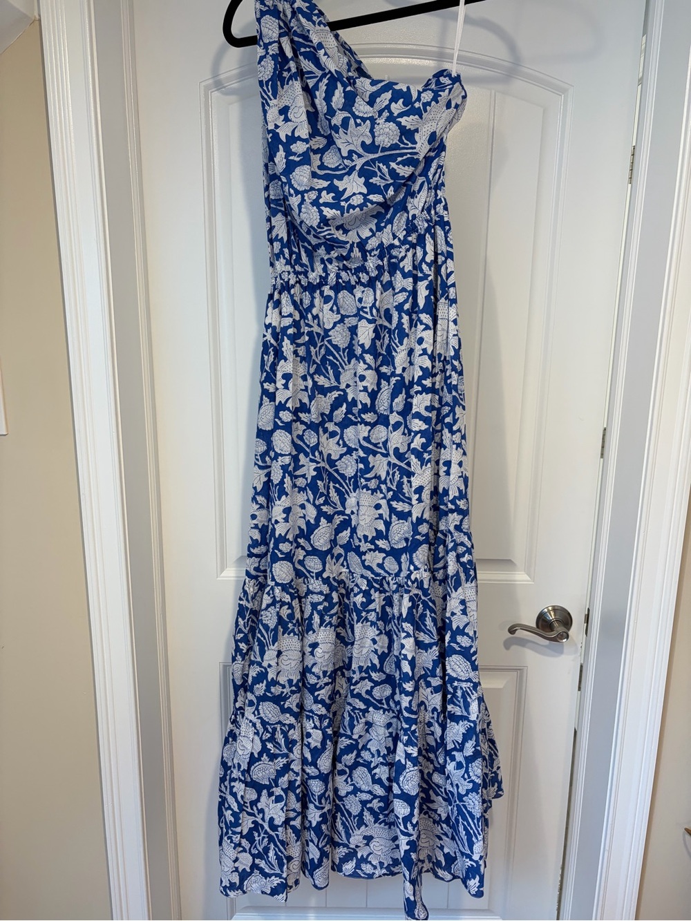 One-Shoulder Blue and White Floral Maxi Dress